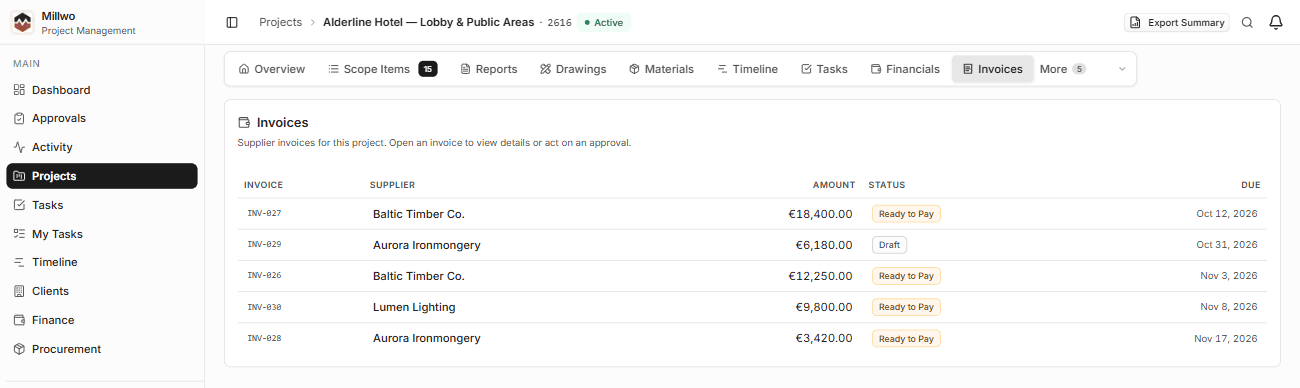 Supplier invoice → logged against its project