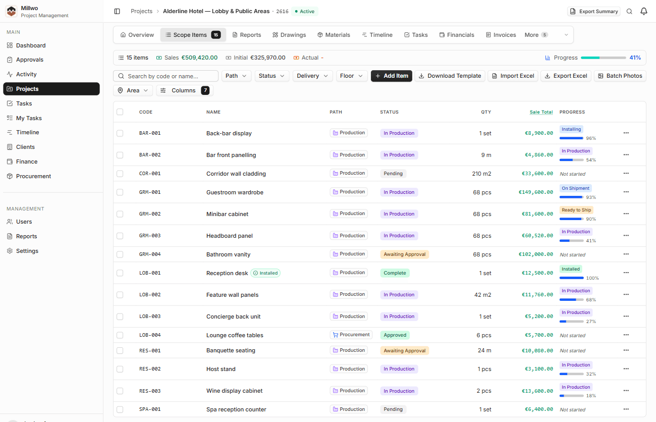 Import the schedule → every item becomes a tracked line